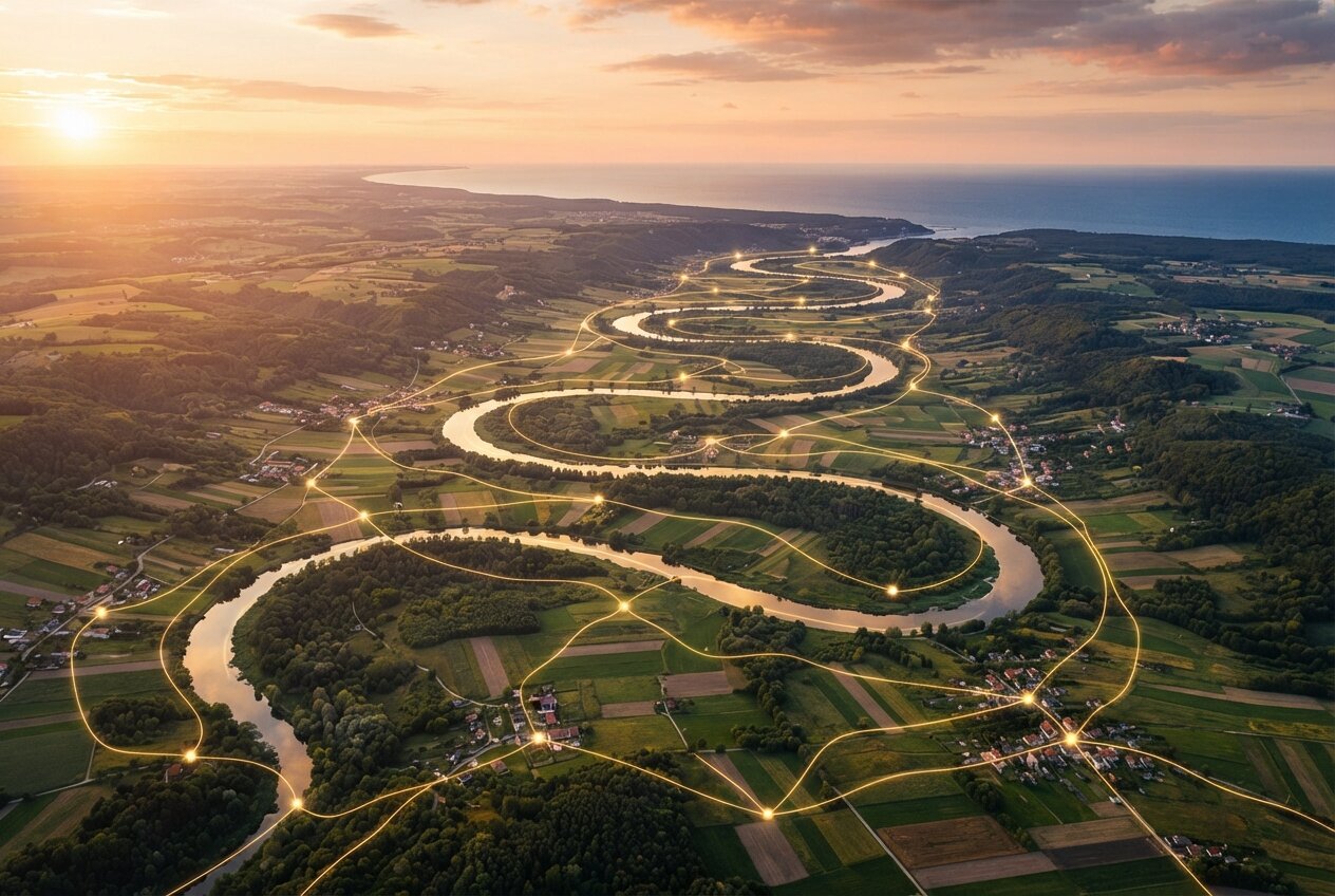 A winding river connecting places