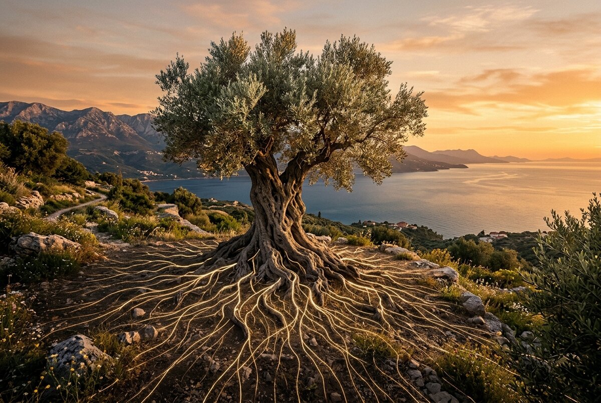 An olive tree with deep roots above the sea